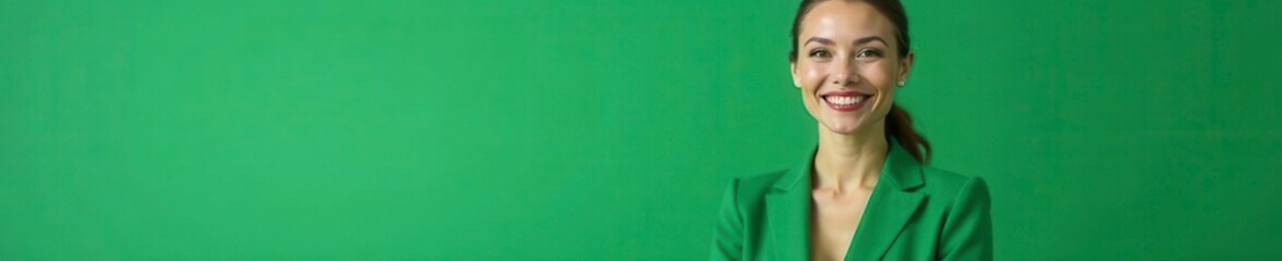 Smiling businesswoman, green suit, confident, professional,  ambition,  entrepreneur,  portrait