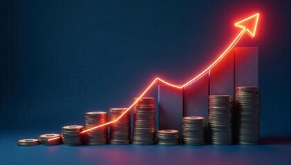 A graph showing exponential upward curve with rising stacks of money, investment, progress, graph