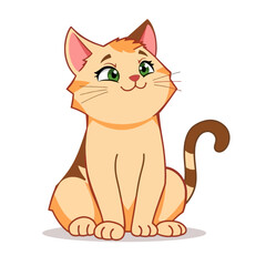 Elegant cartoon orange cat with green eyes and striped tail
