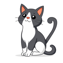 Cute black and white cartoon cat sitting with curious expression
