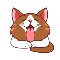 Cute brown and white cartoon cat yawning with eyes closed and tongue out