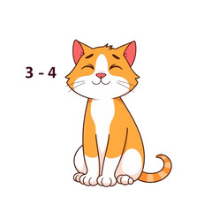 Smiling orange and white cartoon cat sitting calmly with closed eyes (3-4 age label)