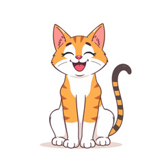 Happy orange tabby cartoon cat with big smile and striped tail sitting upright