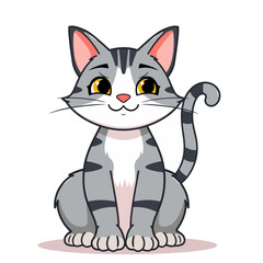 Cute gray tabby cartoon cat with yellow eyes and curled tail sitting upright