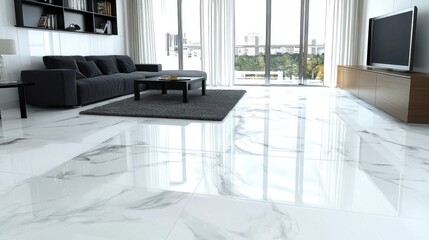 Modern living room with a polished white marble floor