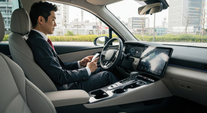 自動運転車に乗るアジア人ビジネスマン