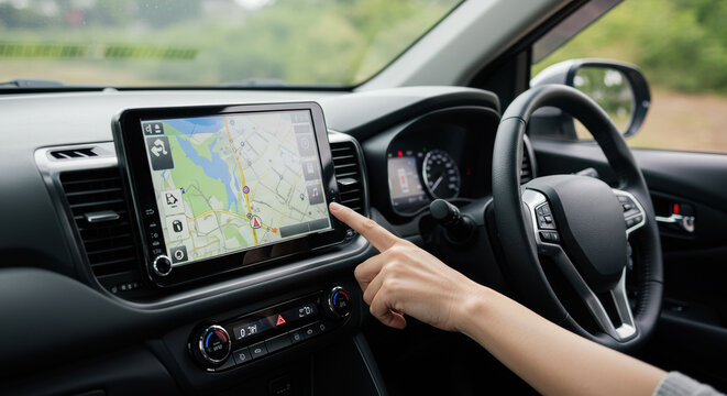カーナビの設定をする女性の手元