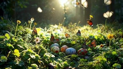 A magical easter meadow filled with colorful easter eggs and butterflies - Powered by Adobe