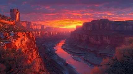 Fototapeta premium Fiery sunrise over a snow-dusted canyon river.