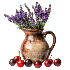 Cherries Lavender and Thyme in Ceramic Jug Isolated on Transparent Background
