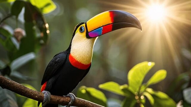 Vibrant Toucan in Paradise: Sunlit Tropical Bird Perched on Lush Foliage