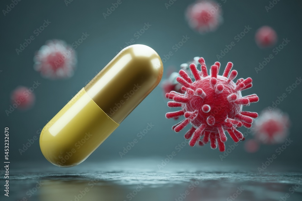 Aufkleber visual representation of antibiotic capsule challenging resistant bacteria in a conceptual design ge