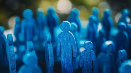 Blue wooden figures representing a diverse crowd of people art team group unity human macro style