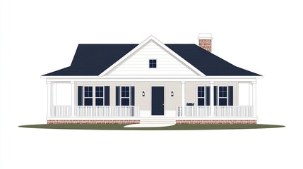 Front view of a cozy, classic farmhouse with a covered porch
