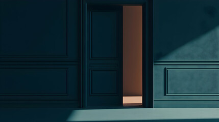 Fototapeta premium Modern interior design with dark teal walls and minimalist black door