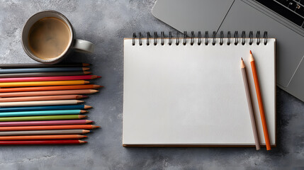 Notepad, Colored Pencils, Coffee Cup, and Laptop – Creative Workspace Mockup Top View
