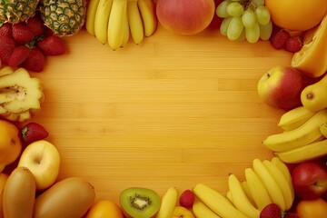 Colorful fruit border on a wooden surface  Fresh, vibrant fruits arranged in a frame around a light orange background  Variety of tropical and common fruits