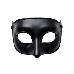 A sleek black leather mask with eye cutouts and ear loops, perfect for costume or masquerade events.
