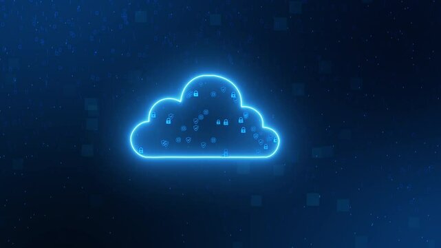 Digital cloud computing visual with glowing network connections with security icon
