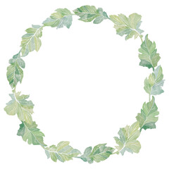 Fototapeta premium Green leaves frame. Watercolor clipart illustration of round foliage composition on white background. For invitations, postcards, business cards. Decorating clothes, dishes, other printed materials