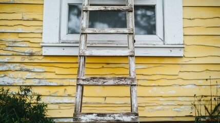 A weathered wooden ladder leaning against a yellow house window