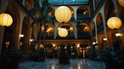 A beautiful indoor courtyard with decorative hanging lanterns and plants