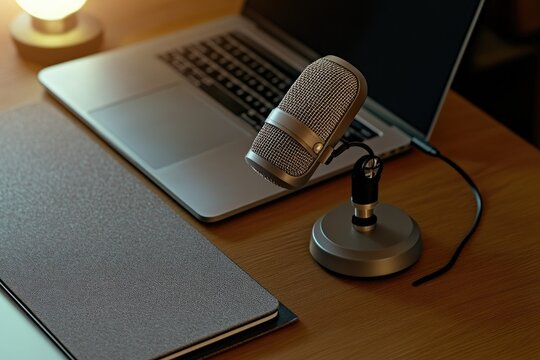 A desktop setup with a microphone, laptop, and notepad Warm, muted lighting illuminates the workspace
