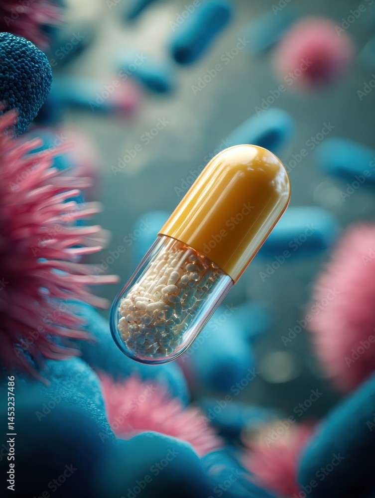 Aufkleber visual representation of antibiotic pill capsule facing resistant bacterial strains in a microscopic