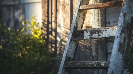 Obraz premium An old weathered wooden ladder leans against a textured wall