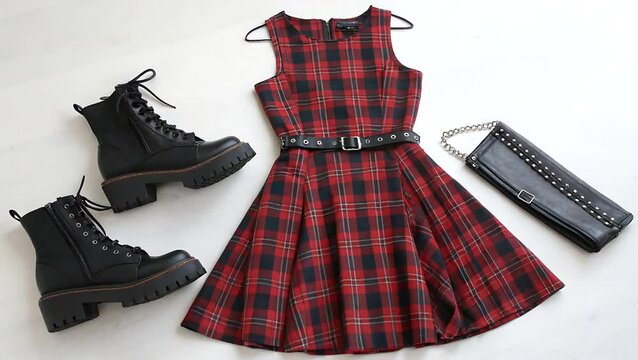 Red plaid dress with black belt boots and studded purse on white