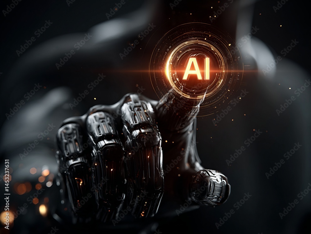 Poster futuristic robot hand touching an ai interface for innovation and progress