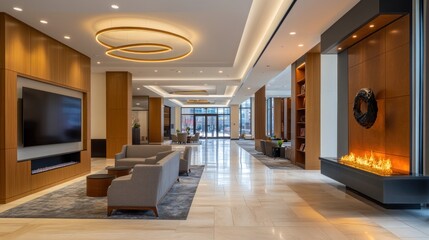 A modern and well lit spacious interior hotel lobby design