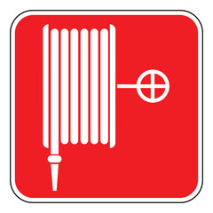 Emergency fire hose sign, white fire hose icon on a red square background , vector illustration