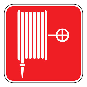 Emergency fire hose sign, white fire hose icon on a red square background , vector illustration