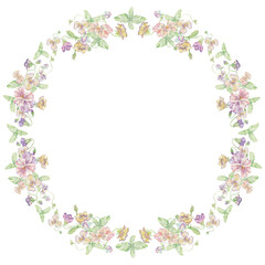Violets flowers. Watercolor clipart illustration of round frame flower composition on white background. For invitations, postcards, business cards. Decorating cups, dishes, other printed materials