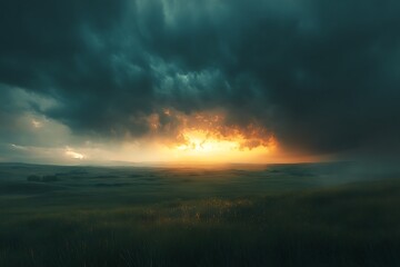 Fototapeta premium Dramatic Sky Over Rolling Hills Landscape at Sunset with Golden Light and Moody Clouds