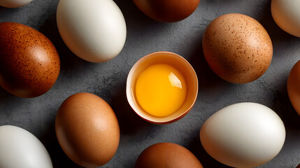 White and Brown Eggs Arranged in Pattern with One Open Egg Showing Yolk, Top View Flat Lay
