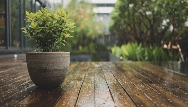 Potted plant on a wet wooden deck in the rain creating a calming scene