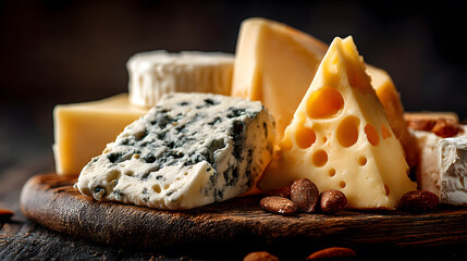 Assorted Cheeses on Wooden Surface, Close-Up in Rustic Gourmet Style
