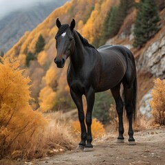 Potrait of majestic thoroughbred Horse standing, with beautiful mountain with fall forest background AI Generated Image