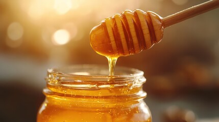 Golden cascade: Honey drips from wooden dipper into glass jar with sunlight