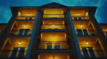 Fototapeta premium The upward view of a building with lighted balconies at night