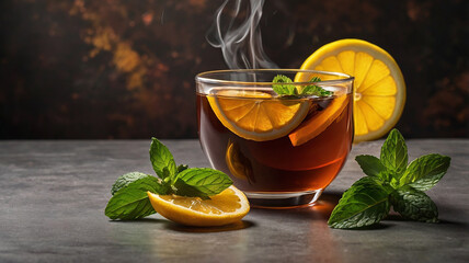 close up of a steaming hot glass of tea with fresh lemon slices and aromatic mint leaves