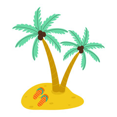 Relaxing under palm trees on a sunny beach with flip flops nearby