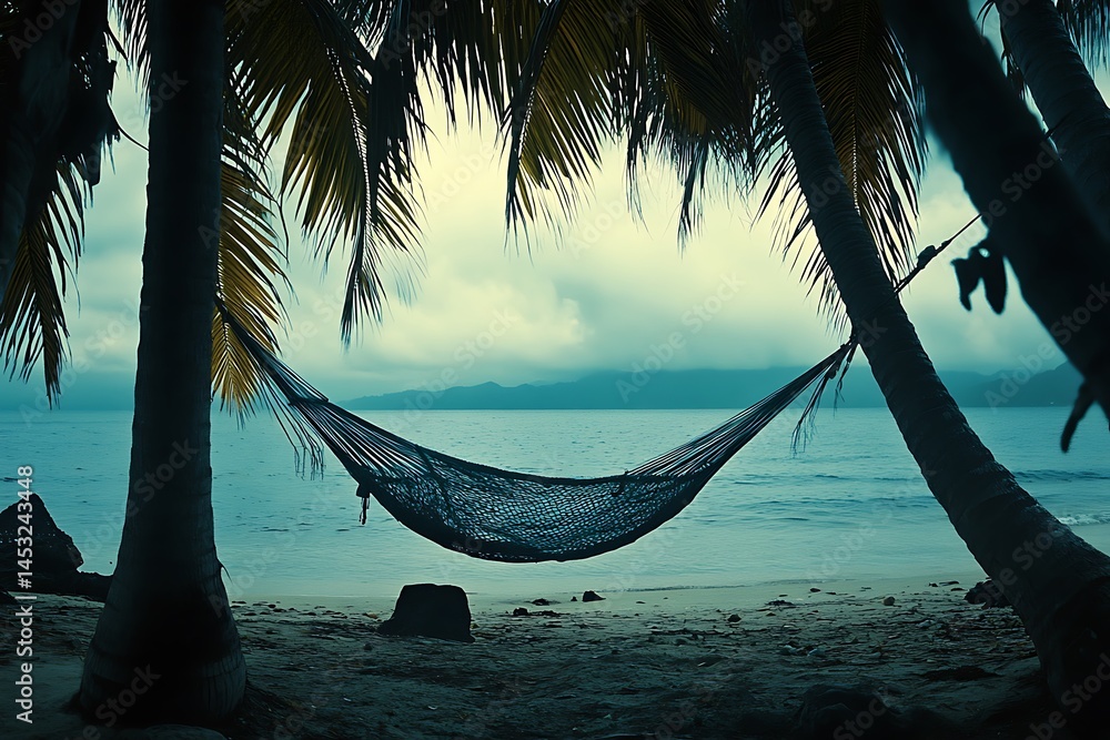 Poster hammock hangs peacefully between palm trees on a tropical beach with the ocean extending beyond