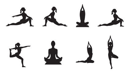Silhouettes of yoga poses, A black vector silhouette illustration shows a young woman in a dance or yoga pose. Set of silhouettes a woman doing yoga