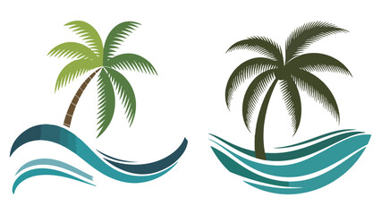 Obraz premium Vector illustration set of tropical island icons features palm trees, embodying summer beach vibes with a tropical sea, island silhouette, and natural landscape design