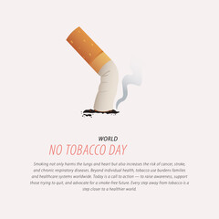 World No Tobacco Day illustration concept with a bent and extinguished cigarette on the ground. Suitable for anti-smoking ads, health awareness campaigns, or educational content