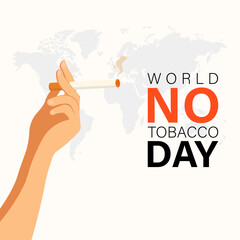 Vector illustration of No Tobacco Day, showing a hand holding a cigarette with world map background. Perfect for public health awareness, anti-smoking campaigns, or educational content