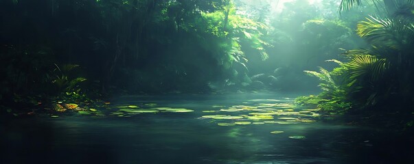 Fototapeta premium Sunlit jungle stream, lush plants